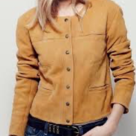 Free People Collarless Saddle Stitch Suede Leather Jacket Camel L - Picture 8 of 8